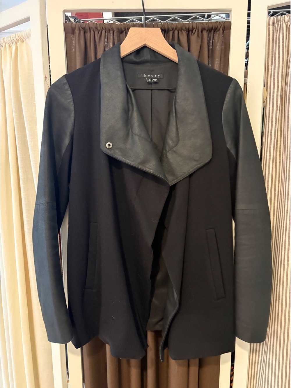 Theory Black Naomo Draped Open Front Jacket with Real Leather Sleeves - Size S
